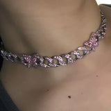 alt="Butterfly Cuban Link Choker in Silver with pink  rhinestones 15 1/2 inches long"