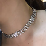 alt="Butterfly Cuban Link Choker in Silver with white rhinestones 15 1/2 inches long"