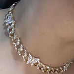 alt="Butterfly Cuban Link Choker in Gold with white rhinestones 15 1/2 inches long"