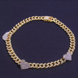 alt=" Gold Cuban Link Choker with three hearts made up of white rhinestones zinc Alloy 12mm wide and 18 1/2 inches long"