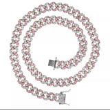 alt="Cuban Link Necklace in Pink and White 9mm wide and 16 inches long with double clasp"