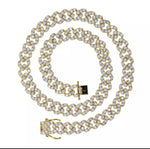 alt="Cuban Link Necklace in Gold 9mm wide and 16 inches long with double clasp"