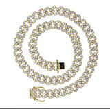 alt="Cuban Link Necklace in Gold 9mm wide and 16 inches long with double clasp"