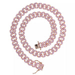 alt="Cuban Link Necklace in Pink 9mm wide and 16 inches long with double clasp"