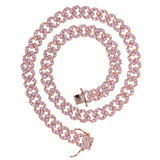 alt="Cuban Link Necklace in Pink 9mm wide and 16 inches long with double clasp"