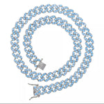 alt="Cuban Link Necklace in Baby Blue 9mm wide and 16 inches long with double clasp"