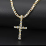 alt="Gold Tennis Chain Necklace with hanging cross pendant zinc Alloy Chain is 18 inches long Cross is 2 inches long"