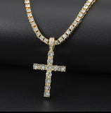 alt="Gold Tennis Chain Necklace with hanging cross pendant zinc Alloy Chain is 18 inches long Cross is 2 inches long"