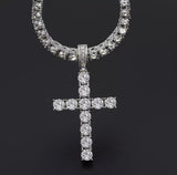 alt="Silver Tennis Chain Necklace with hanging cross pendant zinc Alloy Chain is 18 inches long Cross is 2 inches long"