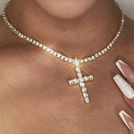 alt="Gold Tennis Chain Necklace with hanging cross pendant zinc Alloy Chain is 18 inches long Cross is 2 inches long"